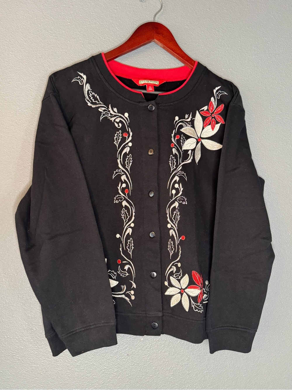 Holiday Traditions Cardigan Women XL Black Embroidered Floral Button Front